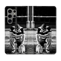 Housse Cuir Portefeuille pour Samsung Galaxy S24 Ultra Sport Rugby Noir Blanc
