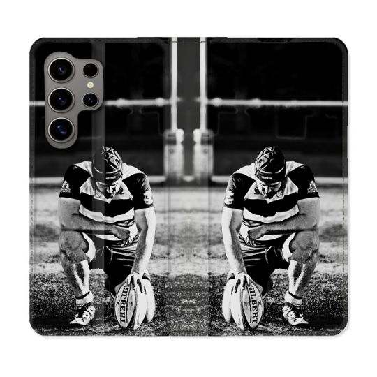Housse Cuir Portefeuille pour Samsung Galaxy S24 Ultra Sport Rugby Noir Blanc