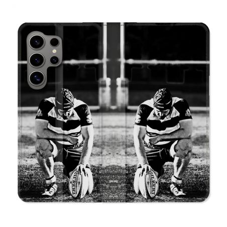 Housse Cuir Portefeuille pour Samsung Galaxy S24 Ultra Sport Rugby Noir Blanc