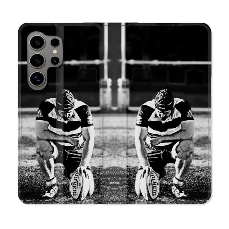 Housse Cuir Portefeuille pour Samsung Galaxy S24 Ultra Sport Rugby Noir Blanc