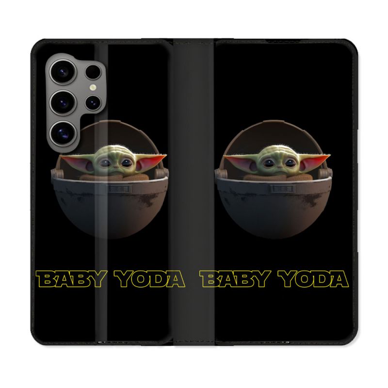 Housse Cuir Portefeuille pour Samsung Galaxy S24 Ultra Star Wars - Yoda bebe noir