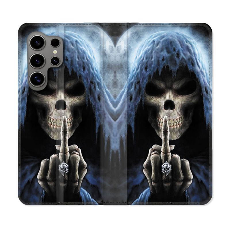 Housse Cuir Portefeuille pour Samsung Galaxy S24 Ultra Tete de Mort Doigt