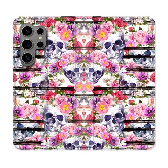 Housse Cuir Portefeuille pour Samsung Galaxy S24 Ultra Tete de Mort Pattern