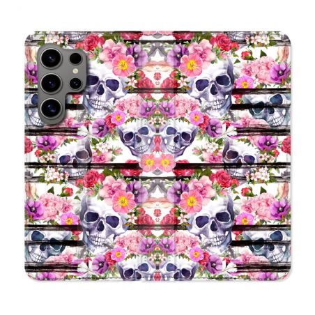 Housse Cuir Portefeuille pour Samsung Galaxy S24 Ultra Tete de Mort Pattern