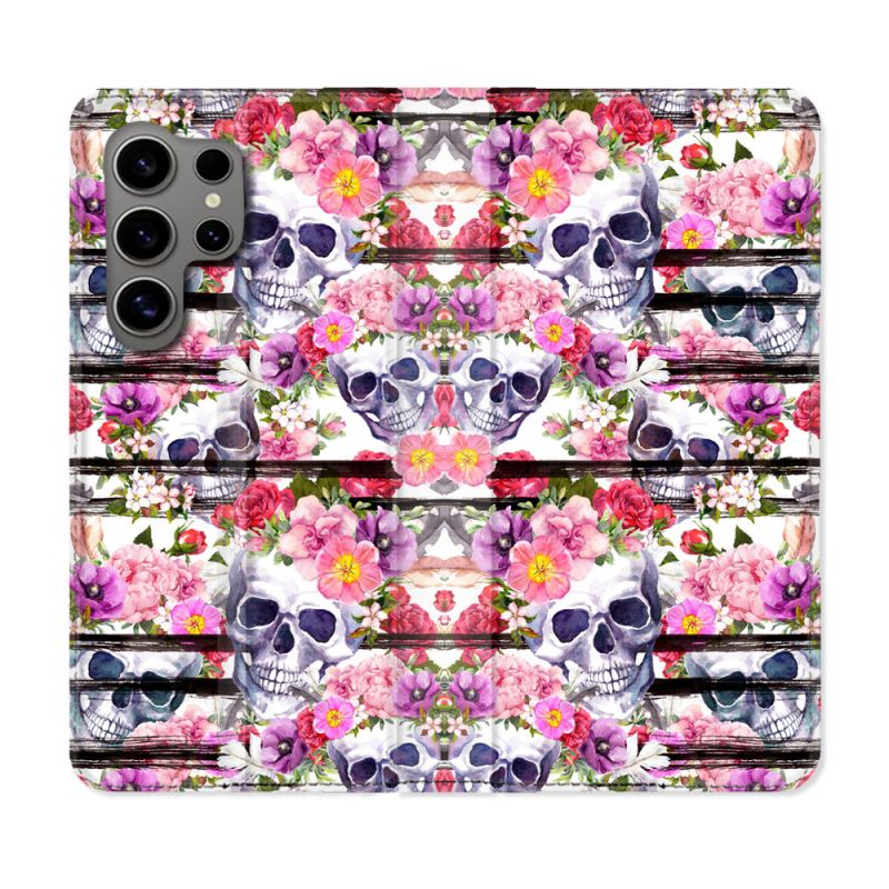 Housse Cuir Portefeuille pour Samsung Galaxy S24 Ultra Tete de Mort Pattern