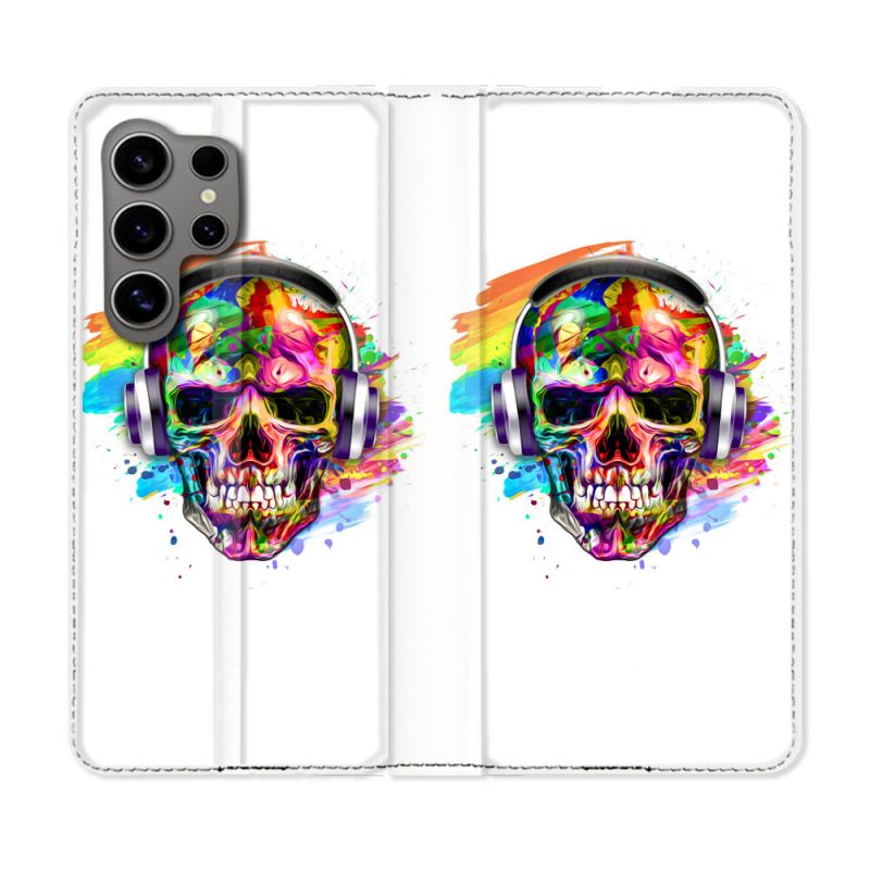 Housse Cuir Portefeuille pour Samsung Galaxy S24 Ultra Tete de Mort Tag