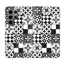 Housse Cuir Portefeuille pour Samsung Galaxy S24 Ultra Texture Carreau Ciment Noir