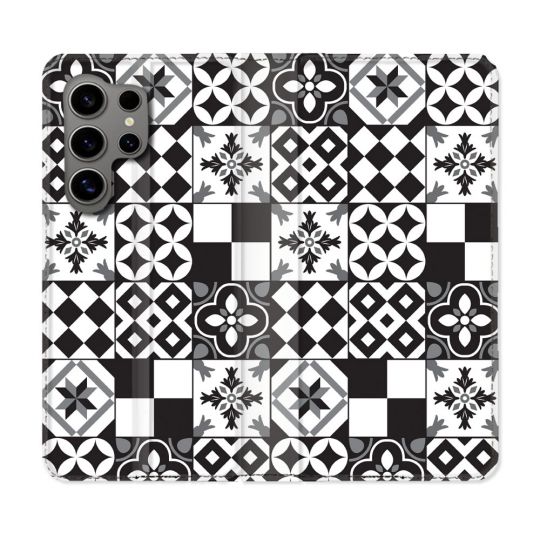 Housse Cuir Portefeuille pour Samsung Galaxy S24 Ultra Texture Carreau Ciment Noir