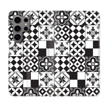 Housse Cuir Portefeuille pour Samsung Galaxy S24 Ultra Texture Carreau Ciment Noir
