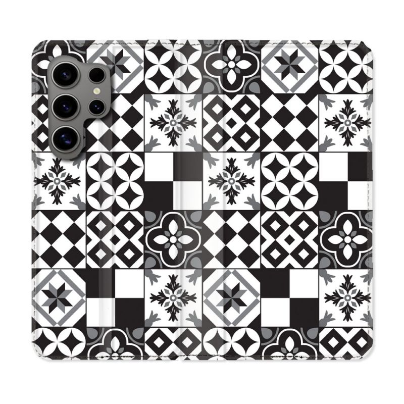 Housse Cuir Portefeuille pour Samsung Galaxy S24 Ultra Texture Carreau Ciment Noir
