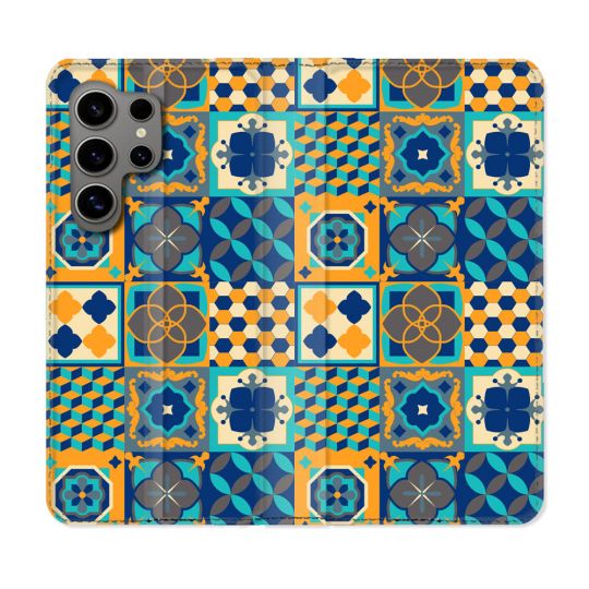 Housse Cuir Portefeuille pour Samsung Galaxy S24 Ultra Texture Carreau Ciment Orange