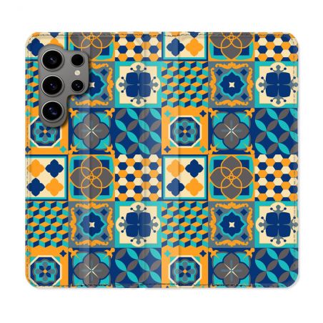 Housse Cuir Portefeuille pour Samsung Galaxy S24 Ultra Texture Carreau Ciment Orange