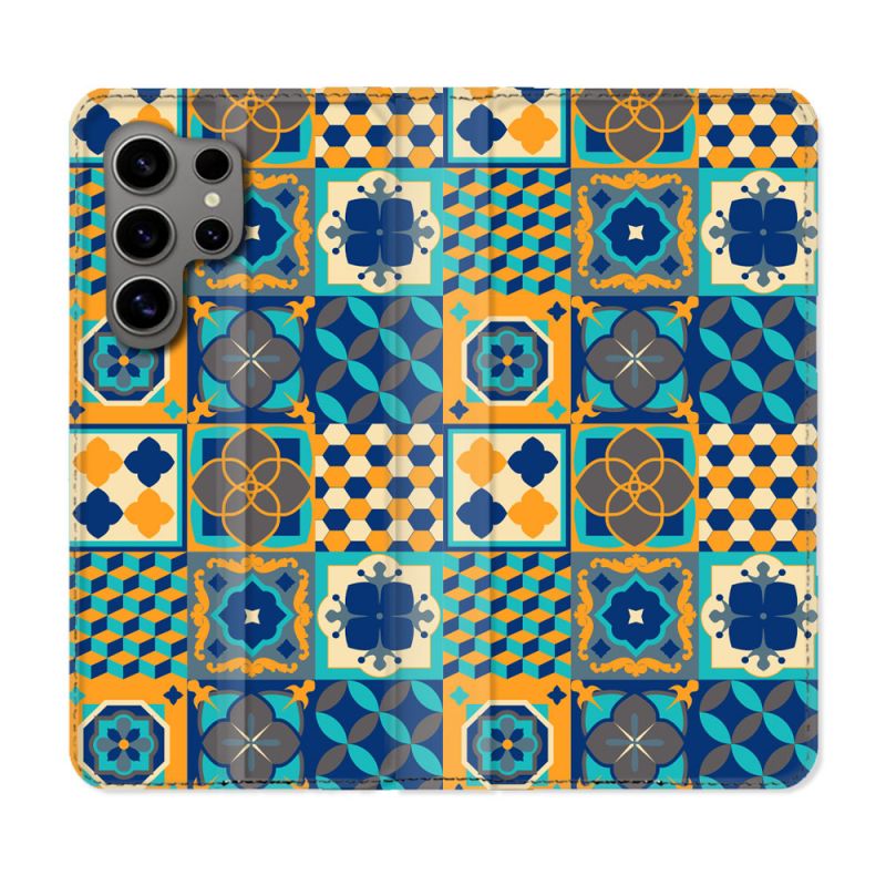 Housse Cuir Portefeuille pour Samsung Galaxy S24 Ultra Texture Carreau Ciment Orange