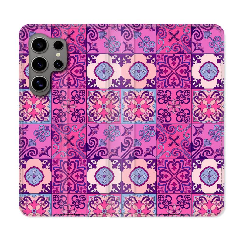 Housse Cuir Portefeuille pour Samsung Galaxy S24 Ultra Texture Carreau Ciment Violet