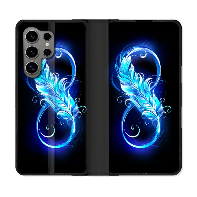Housse Cuir Portefeuille pour Samsung Galaxy S24 Ultra Texture Plume Infini Bleu