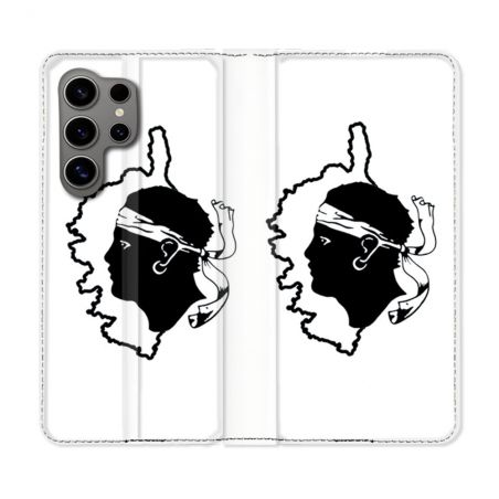 Housse Cuir Portefeuille pour Samsung Galaxy S24 Ultra Voyage Corse Blanc