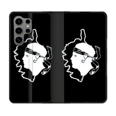 Housse Cuir Portefeuille pour Samsung Galaxy S24 Ultra Voyage Corse Noir