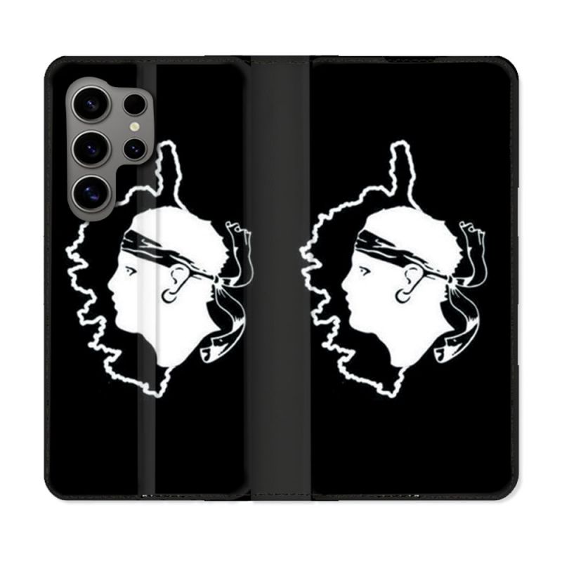 Housse Cuir Portefeuille pour Samsung Galaxy S24 Ultra Voyage Corse Noir