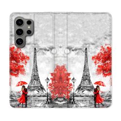 Housse Cuir Portefeuille pour Samsung Galaxy S24 Ultra Voyage France Paris Rouge