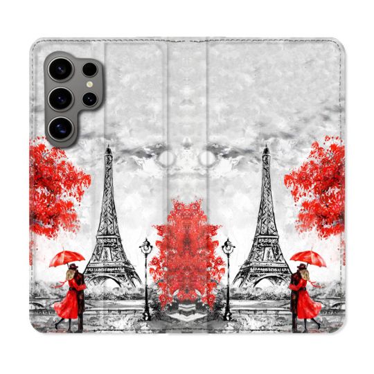Housse Cuir Portefeuille pour Samsung Galaxy S24 Ultra Voyage France Paris Rouge