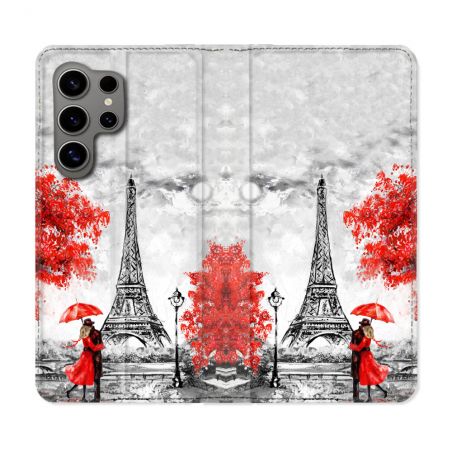Housse Cuir Portefeuille pour Samsung Galaxy S24 Ultra Voyage France Paris Rouge
