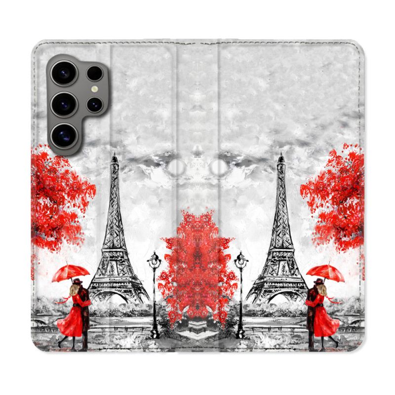 Housse Cuir Portefeuille pour Samsung Galaxy S24 Ultra Voyage France Paris Rouge