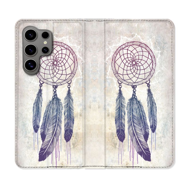 Housse Cuir Portefeuille pour Samsung Galaxy S24 Ultra Zen Attrape Reve Blanc