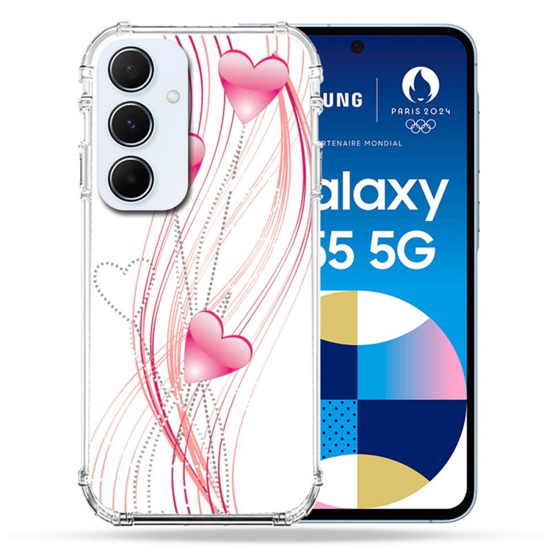 Coque Renforcé Pour Samsung Galaxy A55 5G Amour Coeur Rose Montant sur Blanc