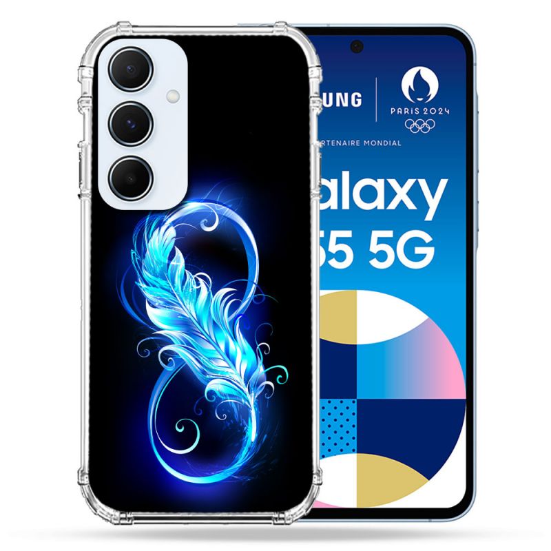 Coque Renforcé Pour Samsung Galaxy A55 5G Texture Plume Infini Bleu