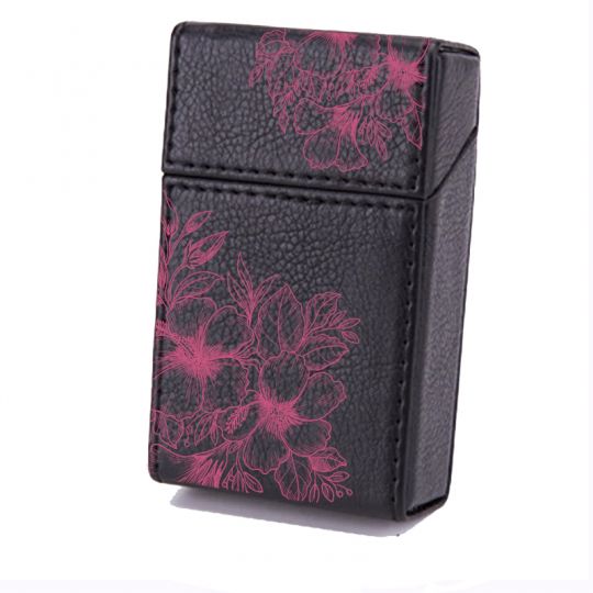 Etui En Cuir Paquet De Cigarette Noir Fleur Violette