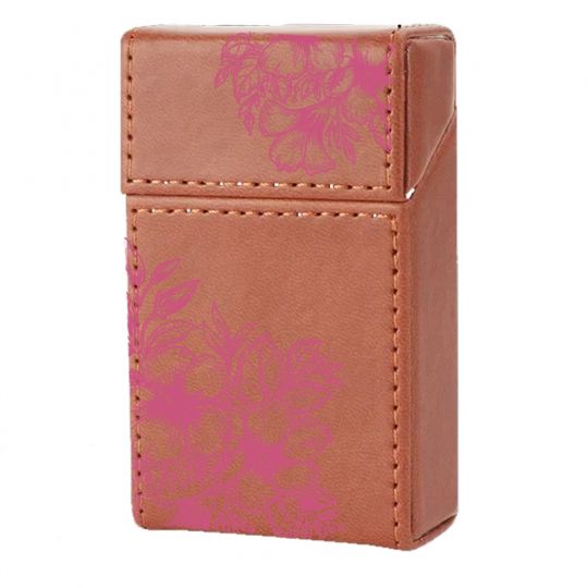 Etui En Cuir Paquet De Cigarette Marron Fleur Violette