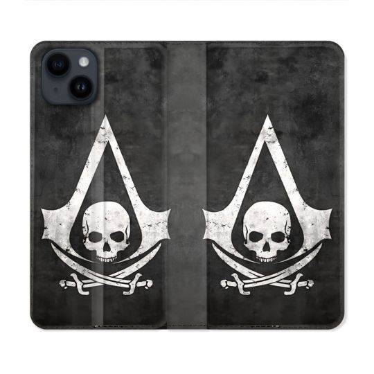 Housse Cuir Portefeuille Pour Iphone 15 (6.1) Assassin Creed Tete Mort
