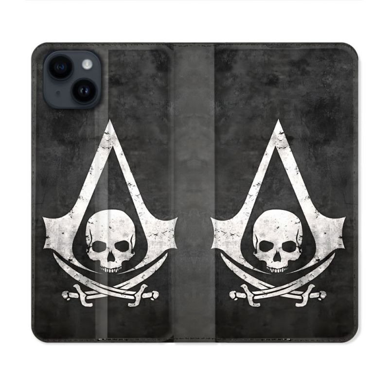 Housse Cuir Portefeuille Pour Iphone 15 (6.1) Assassin Creed Tete Mort
