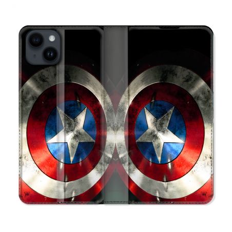 Housse Cuir Portefeuille Pour Iphone 15 (6.1) Captain America Bouclier