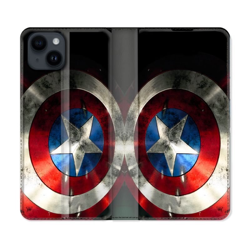 Housse Cuir Portefeuille Pour Iphone 15 (6.1) Captain America Bouclier
