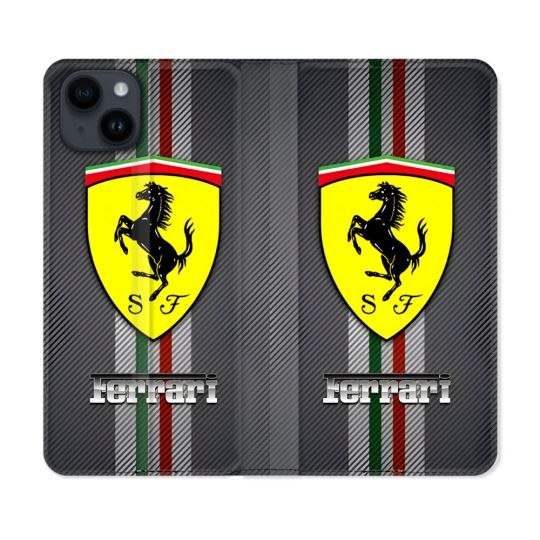 Housse Cuir Portefeuille Pour Iphone 15 (6.1) Ferrari Carbone