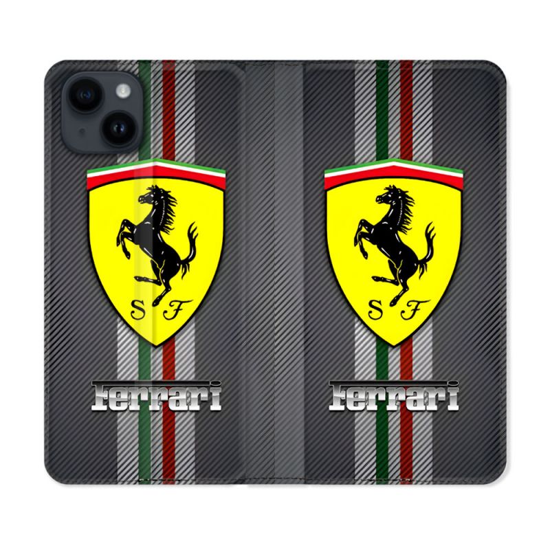 Housse Cuir Portefeuille Pour Iphone 15 (6.1) Ferrari Carbone