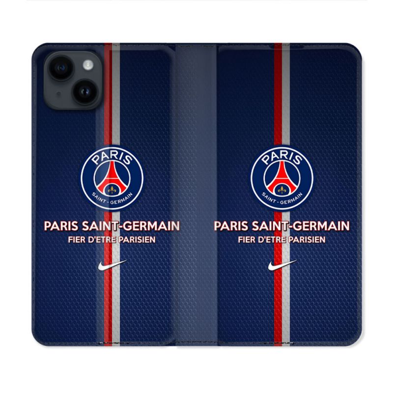 Housse Cuir Portefeuille Pour Iphone 15 (6.1) Foot PSG Fier