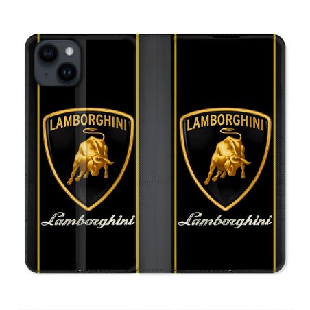 Housse Cuir Portefeuille Pour Iphone 15 (6.1) Lamborghini Carbone