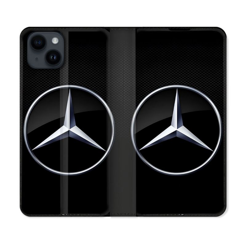 Housse Cuir Portefeuille Pour Iphone 15 (6.1) Mercedes Carbone