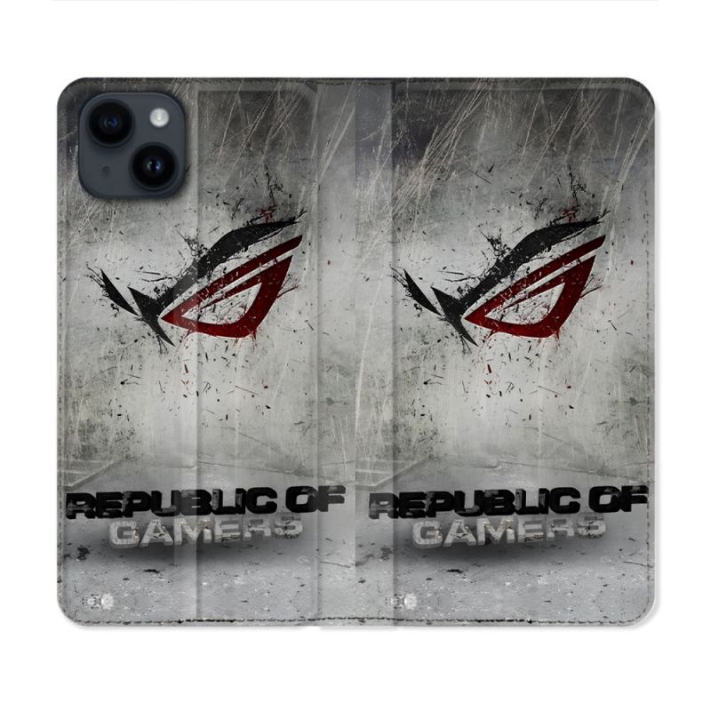 Housse Cuir Portefeuille Pour Iphone 15 (6.1) ROG Gris