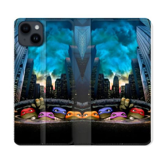 Housse Cuir Portefeuille Pour Iphone 15 (6.1) Tortue Ninja Ville