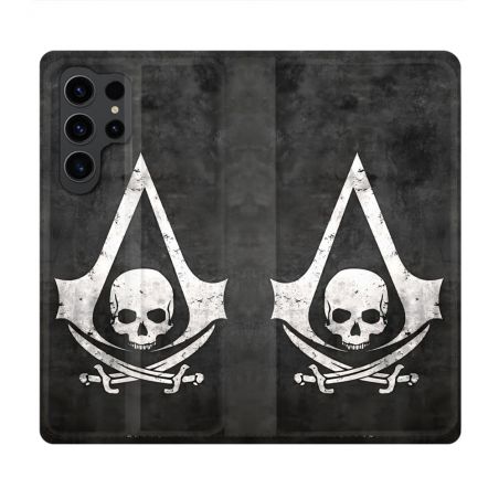 Housse Cuir Portefeuille Pour Samsung Galaxy S23 Ultra Assassin Creed Tete Mort