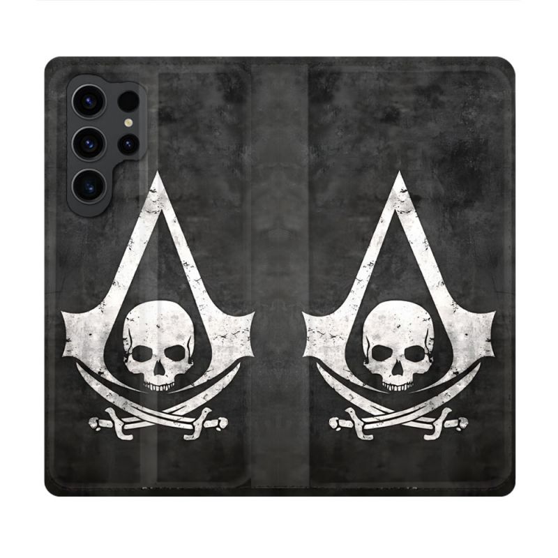 Housse Cuir Portefeuille Pour Samsung Galaxy S23 Ultra Assassin Creed Tete Mort