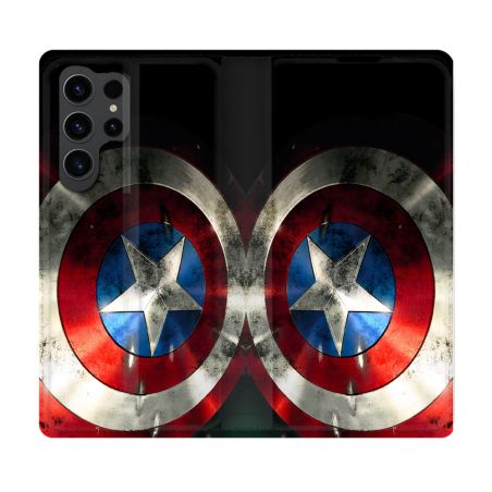 Housse Cuir Portefeuille Pour Samsung Galaxy S23 Ultra Captain America Bouclier