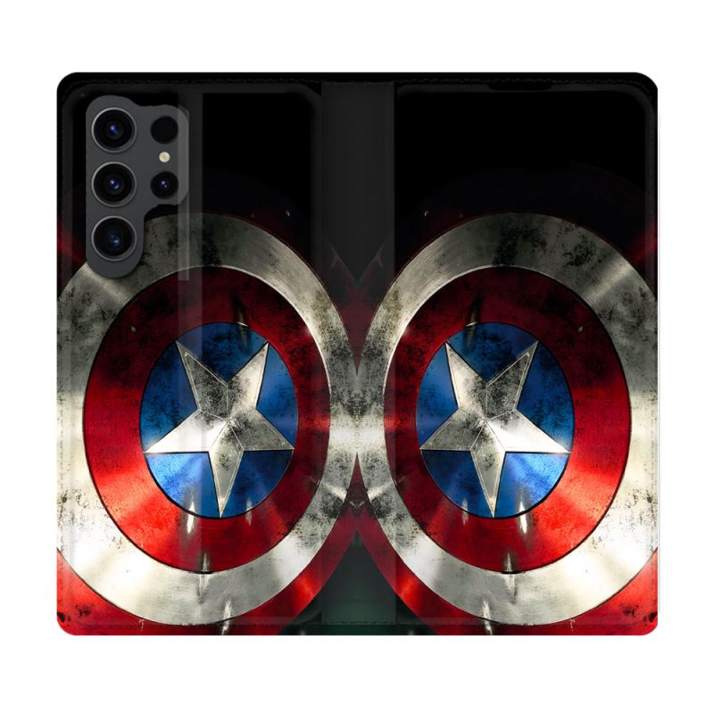 Housse Cuir Portefeuille Pour Samsung Galaxy S23 Ultra Captain America Bouclier