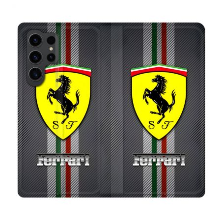 Housse Cuir Portefeuille Pour Samsung Galaxy S23 Ultra Ferrari Carbone