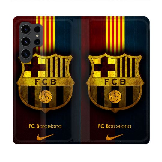 Housse Cuir Portefeuille Pour Samsung Galaxy S23 Ultra Foot FC Barcelone Vintage