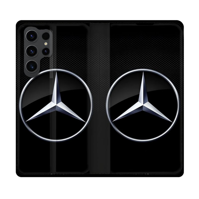 Housse Cuir Portefeuille Pour Samsung Galaxy S23 Ultra Mercedes Carbone