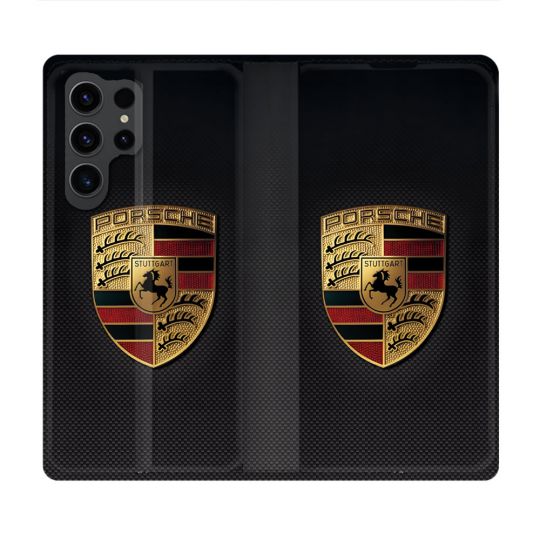 Housse Cuir Portefeuille Pour Samsung Galaxy S23 Ultra Porsche Carbone